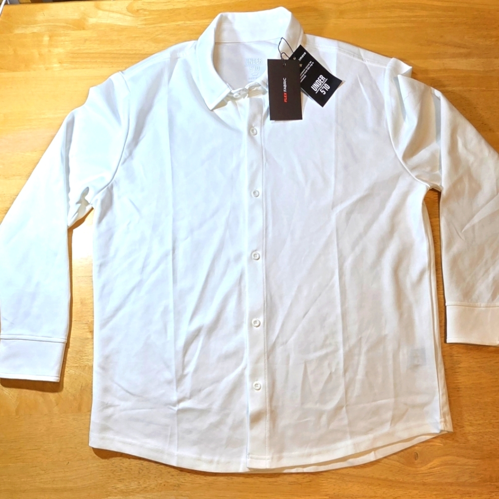 Under 5'10" (U-510) Stretch Oxford White Button Down MEDIUM, small stain on back